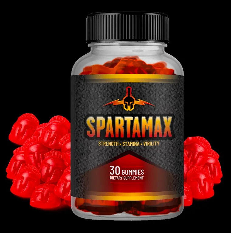 SpartaMax supplement bottle and red gummies